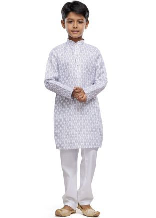 Readymade White Kids Printed Kurta Pajama