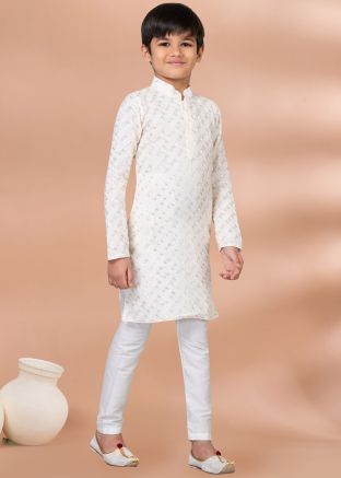 Off White Embroidered Kids Kurta Pajama