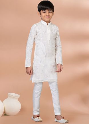Off White Embroidered Kids Kurta Pajama