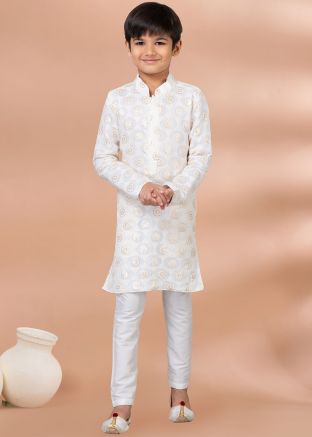 Off White Embroidered Kids Kurta Pajama