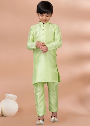 Green Kids Kurta Pajama In Art Silk