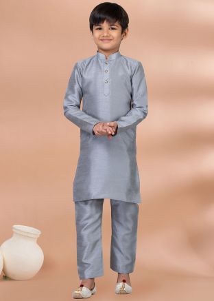 Grey Kids Kurta Pajama In Art Silk