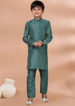 Green Kids Kurta Pajama In Art Silk
