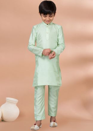 Green Kids Kurta Pajama In Art Silk