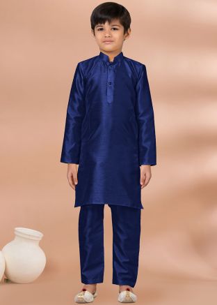 Blue Kids Kurta Pajama In Art Silk