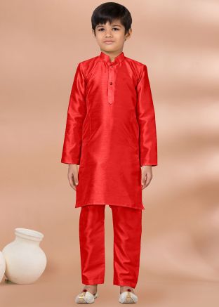 Orange Kids Kurta Pajama In Art Silk