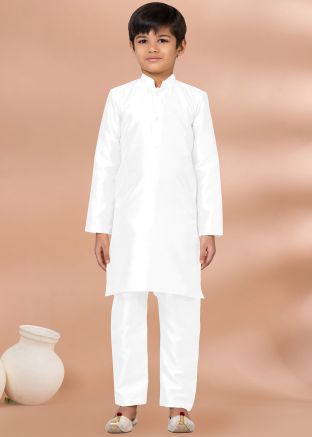 White Kids Kurta Pajama In Art Silk