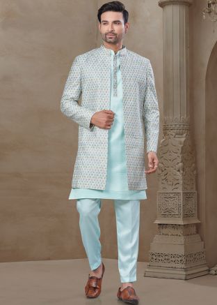 Blue Embroidered Indo Western Sherwani Set