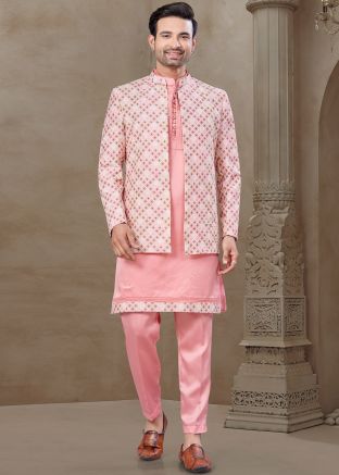 Pink Embroidered Indo Western Sherwani Set