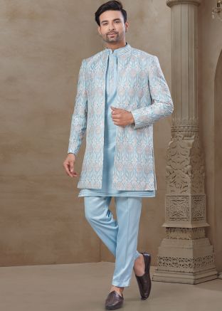 Blue Embroidered Indo Western Sherwani Set