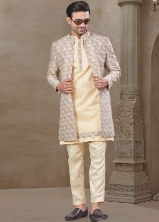 Cream Printed Indo Western Sherwani Set