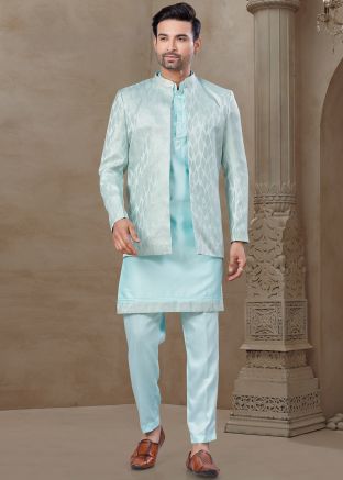 Blue Woven Indo Western Sherwani Set