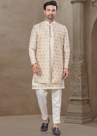 Cream Woven Men Indo Western Sherwani Set