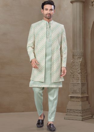 Green Indo Western Sherwani In Woven Work