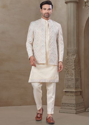 Cream Woven Men Indo Western Sherwani Set