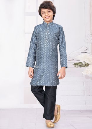 Grey Readymade Woven Kids Jacquard Kurta Pajama