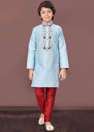 Blue Readymade Embroidered Kids Kurta Pajama In Jacquard