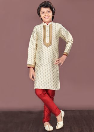 Cream Readymade Jacquard Kids Kurta Pajama In Woven Work