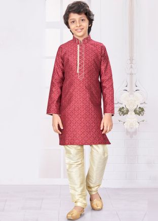Maroon Readymade Embroidered Kids Jacquard Kurta Pajama