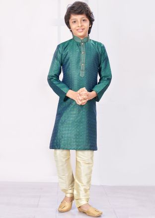 Readymade Embroidered Kids Jacquard Kurta Pajama In Green