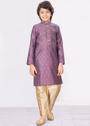 Purple Readymade Kids Jacquard Kurta Pajama In Woven Work