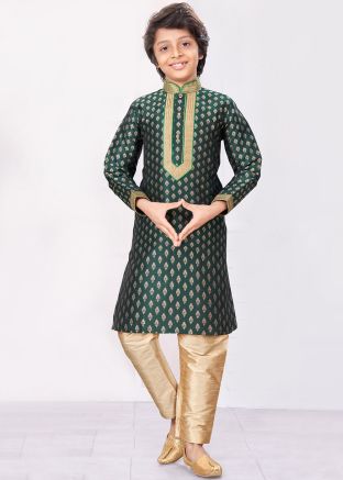 Green Readymade Woven Kids Jacquard Kurta Pajama