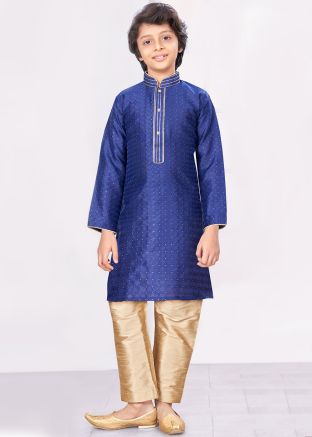 Blue Embroidered Readymade Kids Kurta Pajama In Jacquard