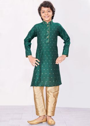 Readymade Woven Kids Jacquard Kurta Pajama In Green