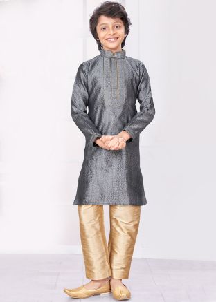 Grey Readymade Kids Jacquard Kurta Pajama IN Woven Work