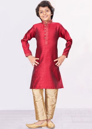 Red Readymade Woven Work Jacquard Kids Kurta Pajama 