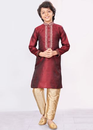 Maroon Readymade Kids Kurta Pajama In Thread Embroidery