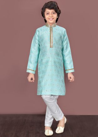 Light Blue Readymade Woven Kids Jacquard Kurta Pajama 