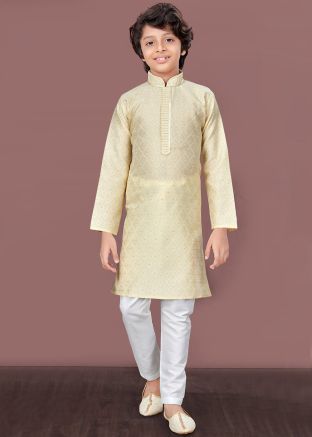 Gold Readymade Woven Kids Jacquard Kurta Pajama Set