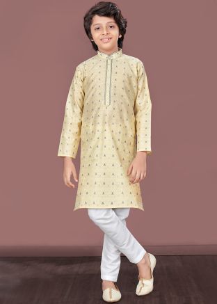 Readymade Woven Kids Jacquard Kurta Pajama In Golden