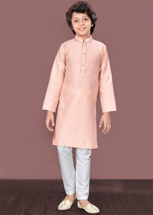 Peach Readymade Kids Jacquard Kurta Pajama In Embroidery