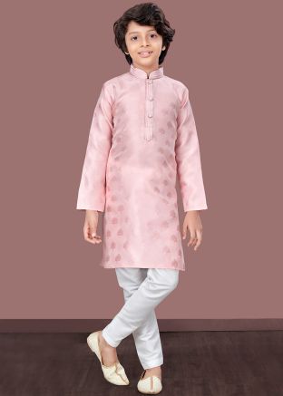 Readymade Woven Work Jacquard Kids Kurta Pajama In Pink