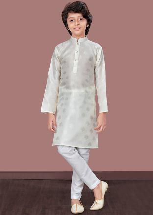 Readymade Woven Work Jacquard Kids Kurta Pajama In Cream