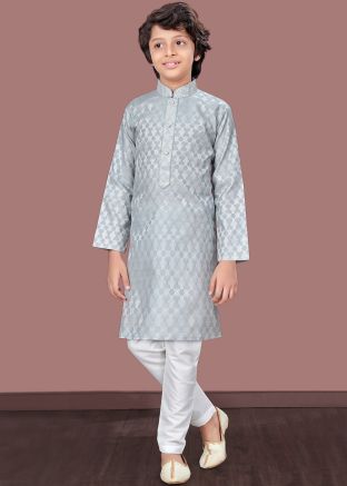 Grey Readymade Woven Kids Jacquard Kurta Pajama Set
