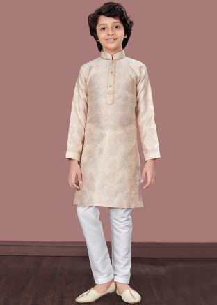 Cream Readymade Woven Work Jacquard Kids Kurta Pajama 