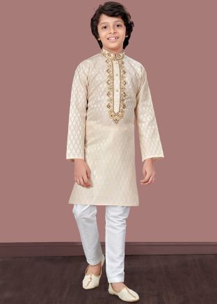 Readymade Woven Jacquard Kids Kurta Pajama In Cream