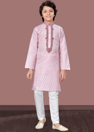 Purple Readymade Kids Jacquard Kurta Pajama In Embroidery