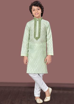 Pastel Green Readymade Woven Kids Jacquard Kurta Pajama 