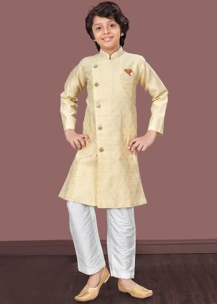 Gold Readymade Kids Jacquard Indowestern Sherwani Set