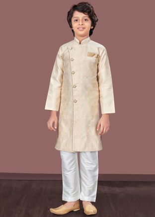 Cream Readymade Jacquard Kids Indowestern Sherwani 