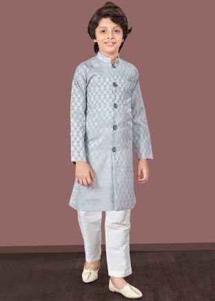 Grey Readymade Woven Kids Jacquard Indowestern Sherwani Set