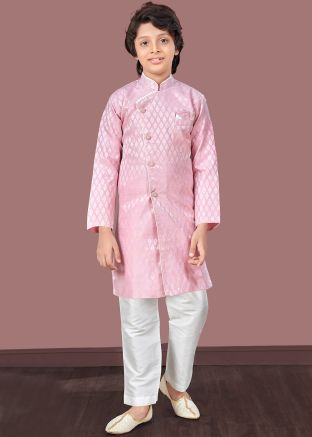 Pink Readymade Kids Indowestern Sherwani In Woven Work