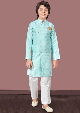 Blue Readymade Kids Indowestern Sherwani In Jacquard