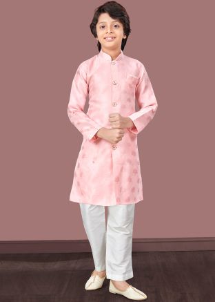 Pink Readymade Kids Woven Indowestern Sherwani Set