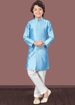 Blue Readymade Woven Kids Indowestern Sherwani In Jacquard
