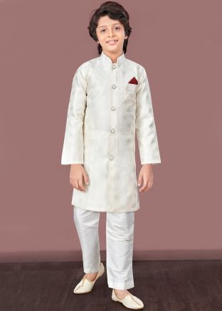 Readymade Jacquard Kids Indowestern Sherwani In Cream